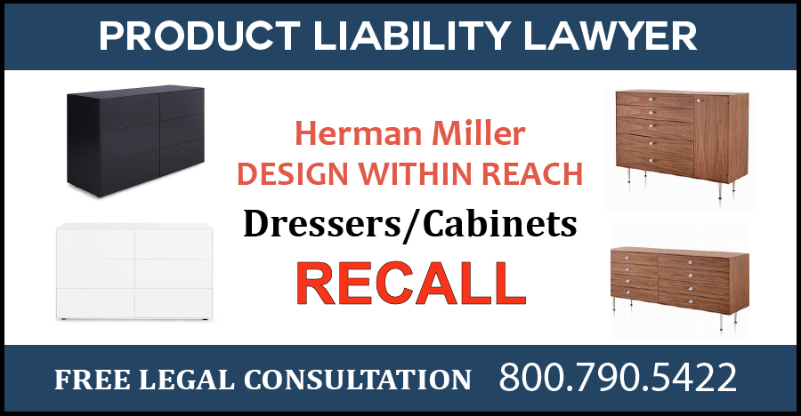 Herman miller design within reach cabinets drawers product liability lawyer tip over entrapment risk hazard serious injury compensation sue