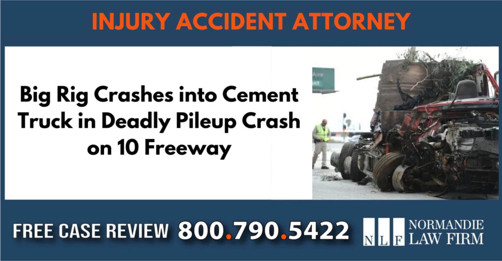 Big Rig Crashes into Cement Truck in Deadly Pileup Crash on 10 Freeway sue liable incident compensation lawyer attorney